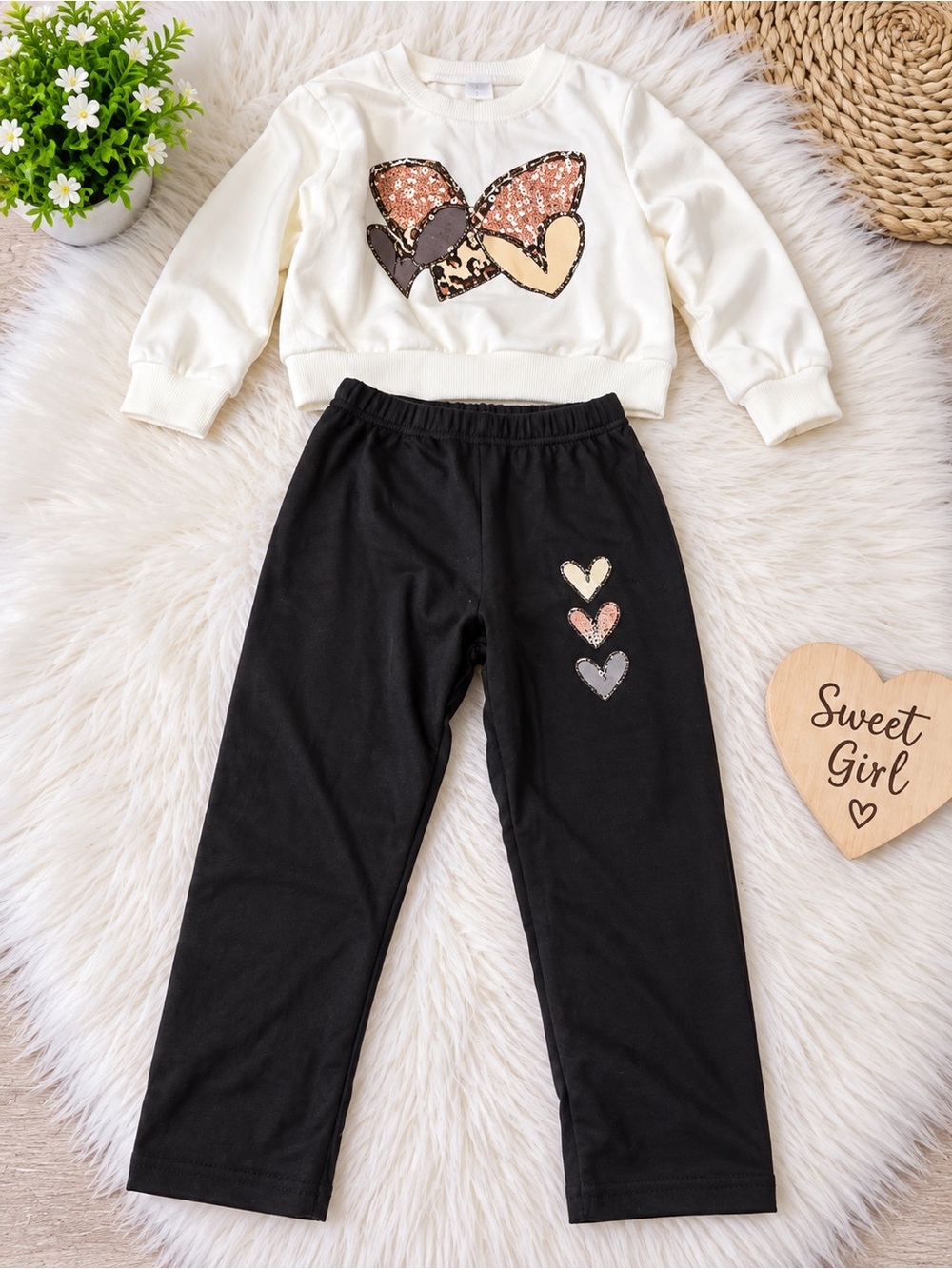 Girls Black Heart Appliqué Stretch Pants - Cream & Pink Accent